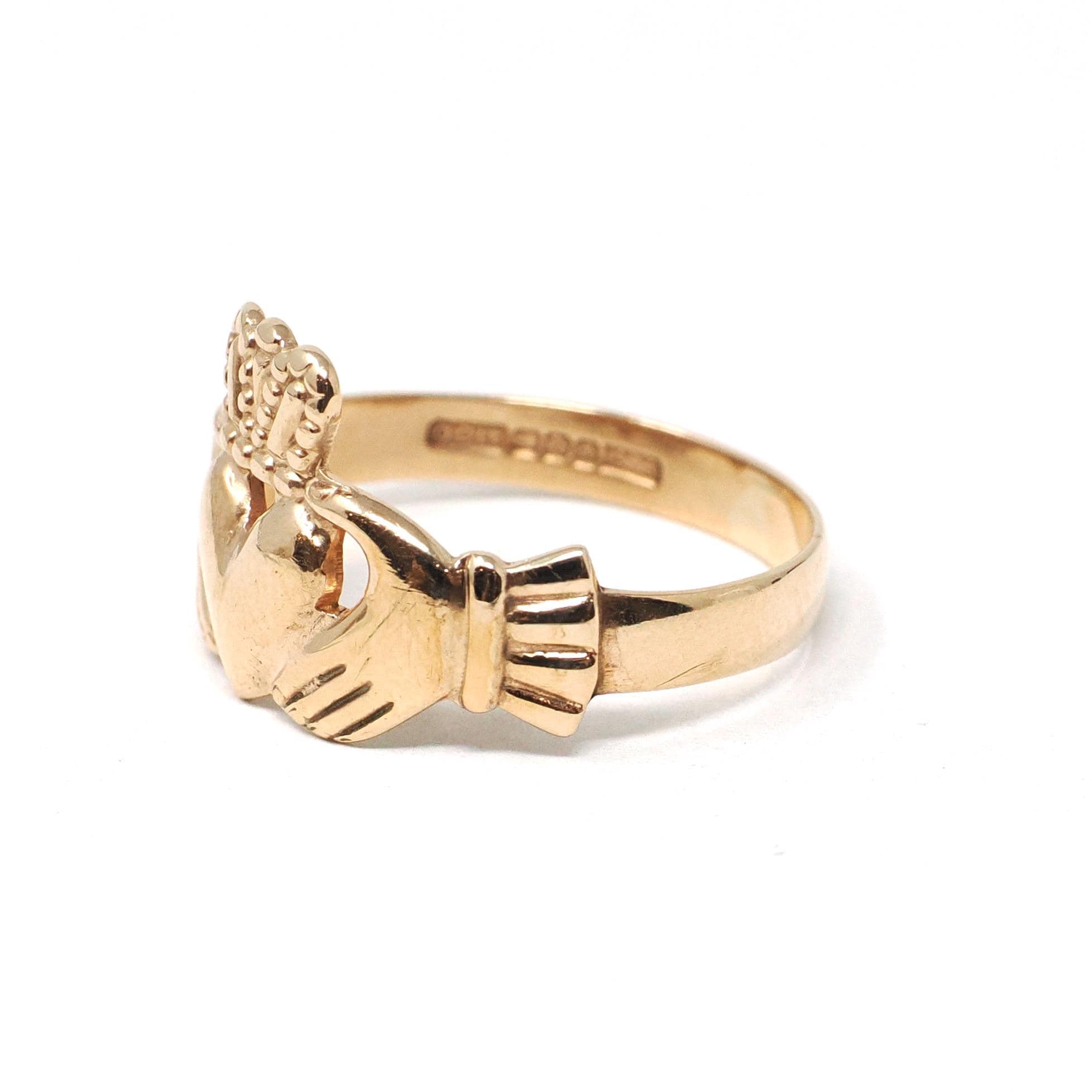 Modern Claddagh Ring - Estate 9k Yellow Gold Heart Clasped Hand Crown - Hallmarked 1989 Size 7 Friendship Love Loyalty Fine Irish Jewelry