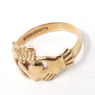 Modern Claddagh Ring - Estate 9k Yellow Gold Heart Clasped Hand Crown - Hallmarked 1989 Size 7 Friendship Love Loyalty Fine Irish Jewelry