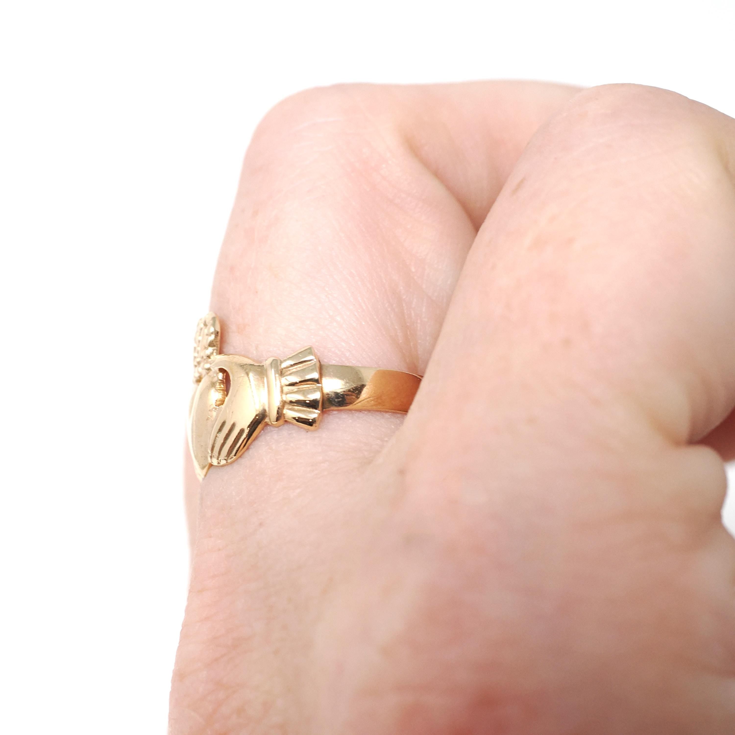 Modern Claddagh Ring - Estate 9k Yellow Gold Heart Clasped Hand Crown - Hallmarked 1989 Size 7 Friendship Love Loyalty Fine Irish Jewelry