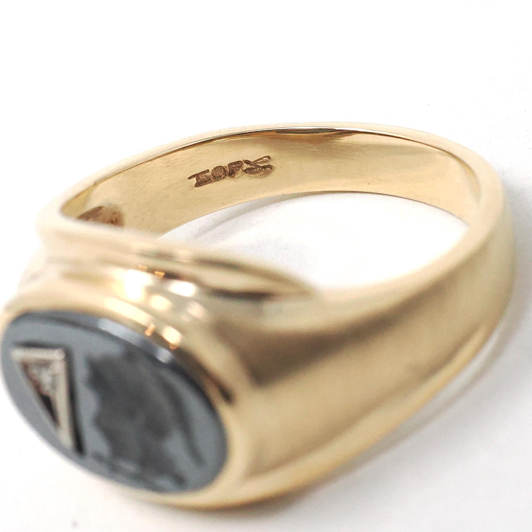 Vintage Hematite Ring - Mid Century 10k Yellow Gold Carved Intaglio Gray Warrior Gem - Circa 1940s Era Size 10 Diamond Accent Fine Jewelry