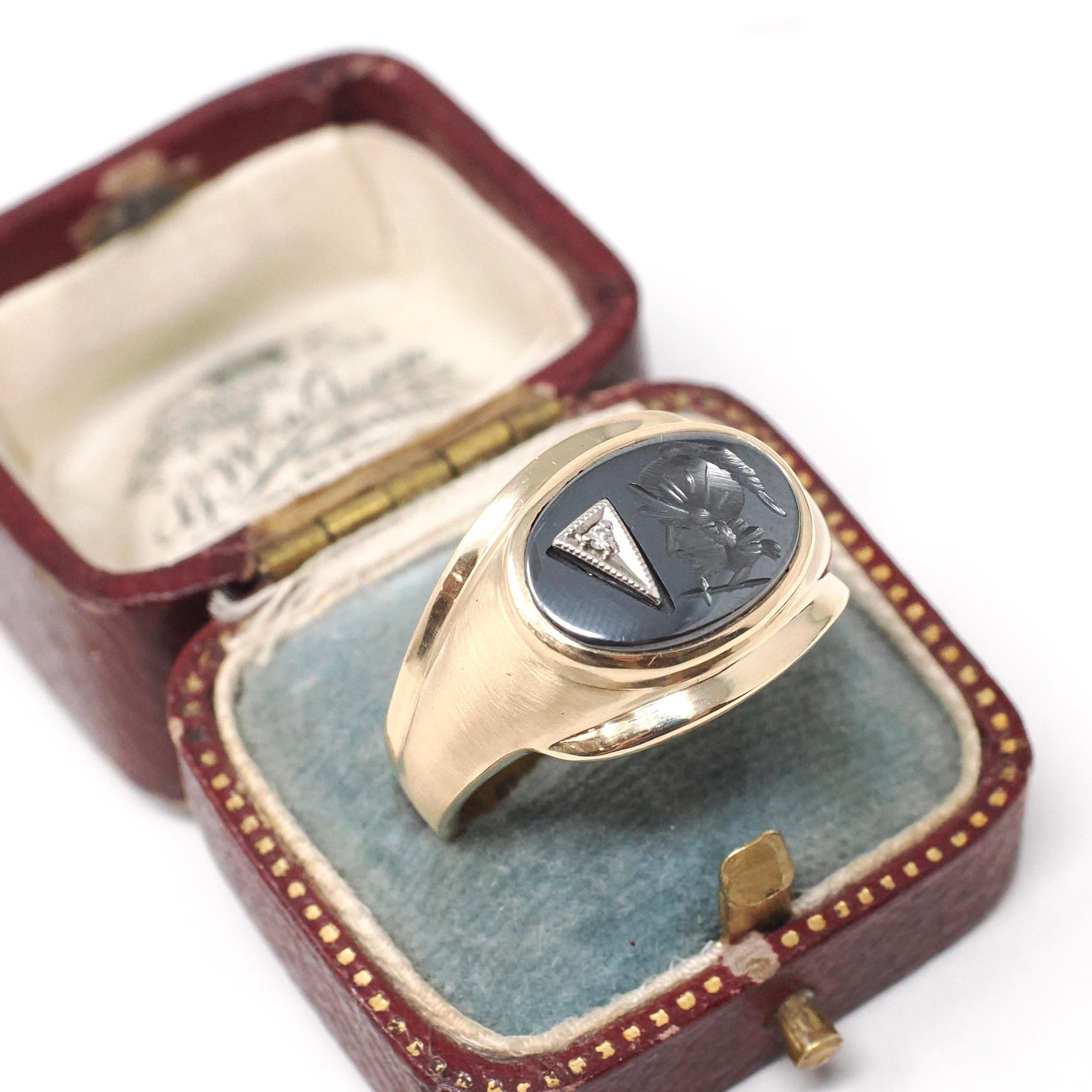 Vintage Hematite Ring - Mid Century 10k Yellow Gold Carved Intaglio Gray Warrior Gem - Circa 1940s Era Size 10 Diamond Accent Fine Jewelry