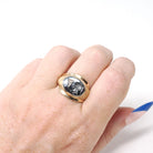 Vintage Hematite Ring - Mid Century 10k Yellow Gold Carved Intaglio Gray Warrior Gem - Circa 1940s Era Size 10 Diamond Accent Fine Jewelry