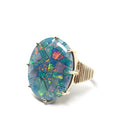 Vintage Opal Triplet Ring - Estate 10k Yellow Gold Oval Prong Set Blue Green Gem Statement - Modern Size 7 3/4 Rainbow Colorful Fine Jewelry
