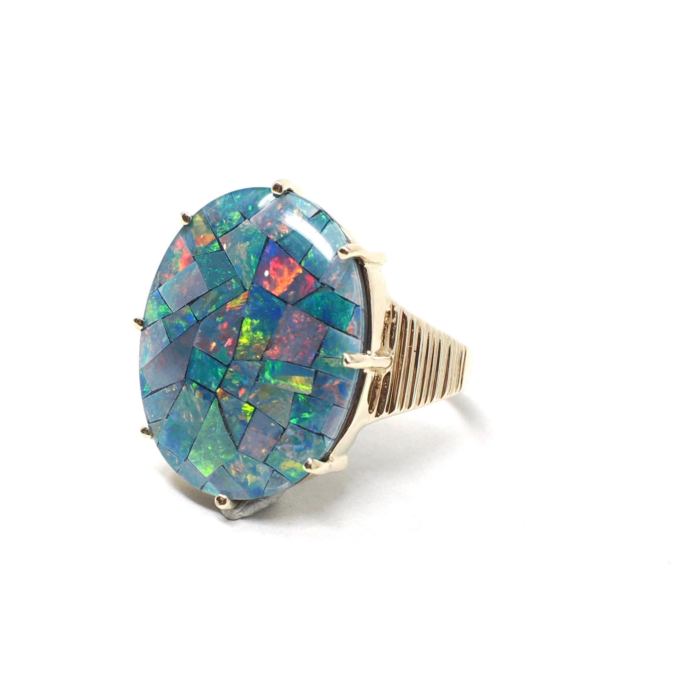 Vintage Opal Triplet Ring - Estate 10k Yellow Gold Oval Prong Set Blue Green Gem Statement - Modern Size 7 3/4 Rainbow Colorful Fine Jewelry