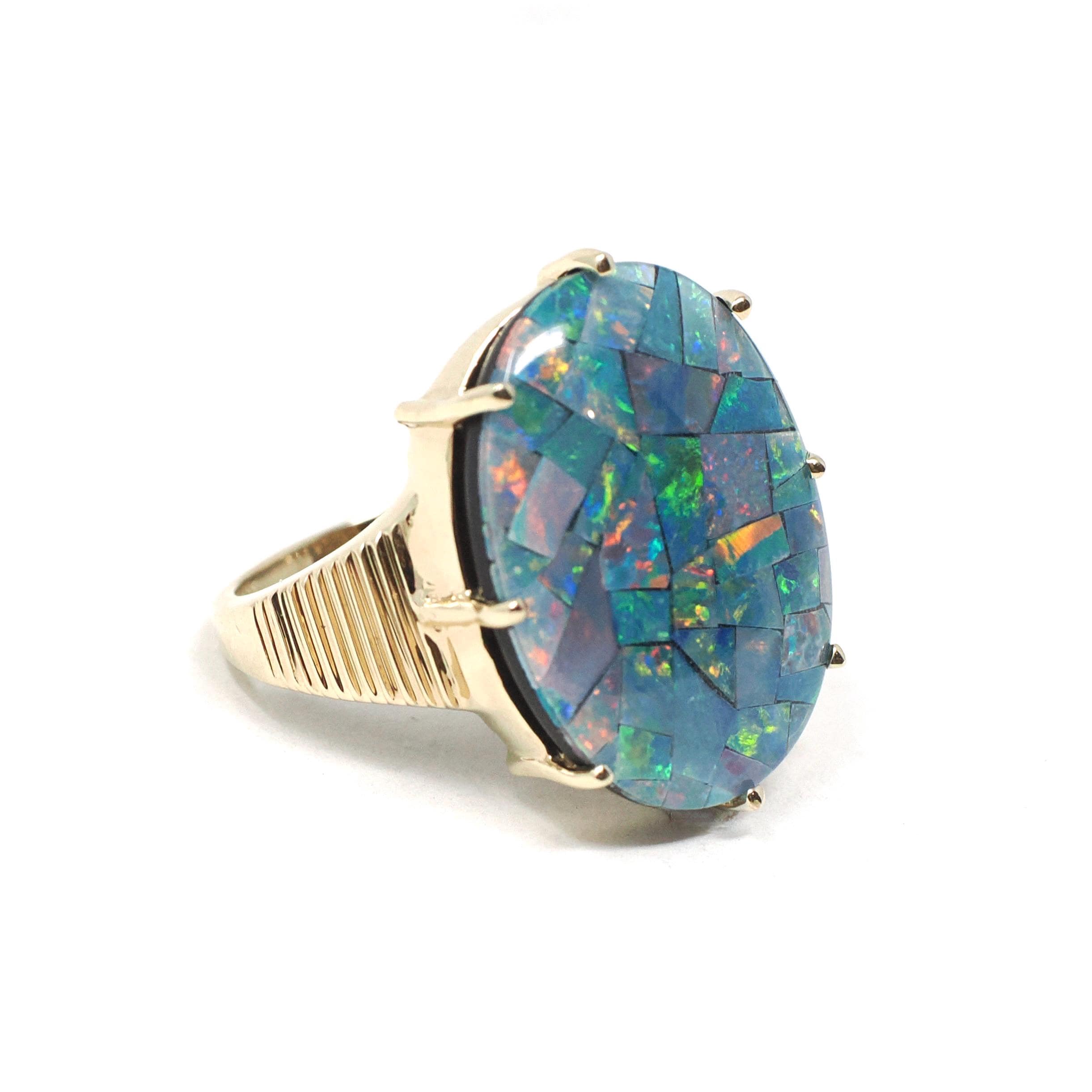 Vintage Opal Triplet Ring - Estate 10k Yellow Gold Oval Prong Set Blue Green Gem Statement - Modern Size 7 3/4 Rainbow Colorful Fine Jewelry