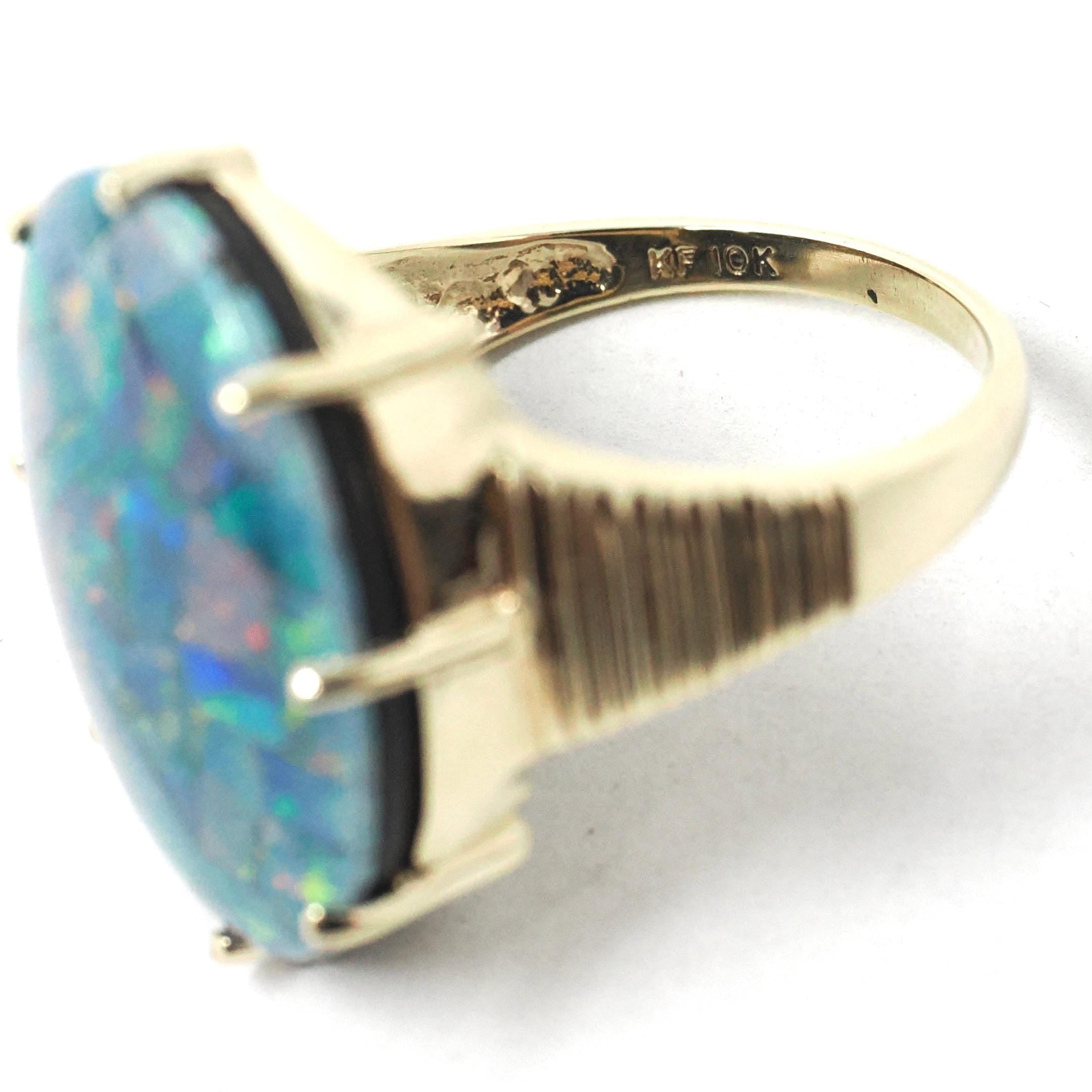 Vintage Opal Triplet Ring - Estate 10k Yellow Gold Oval Prong Set Blue Green Gem Statement - Modern Size 7 3/4 Rainbow Colorful Fine Jewelry