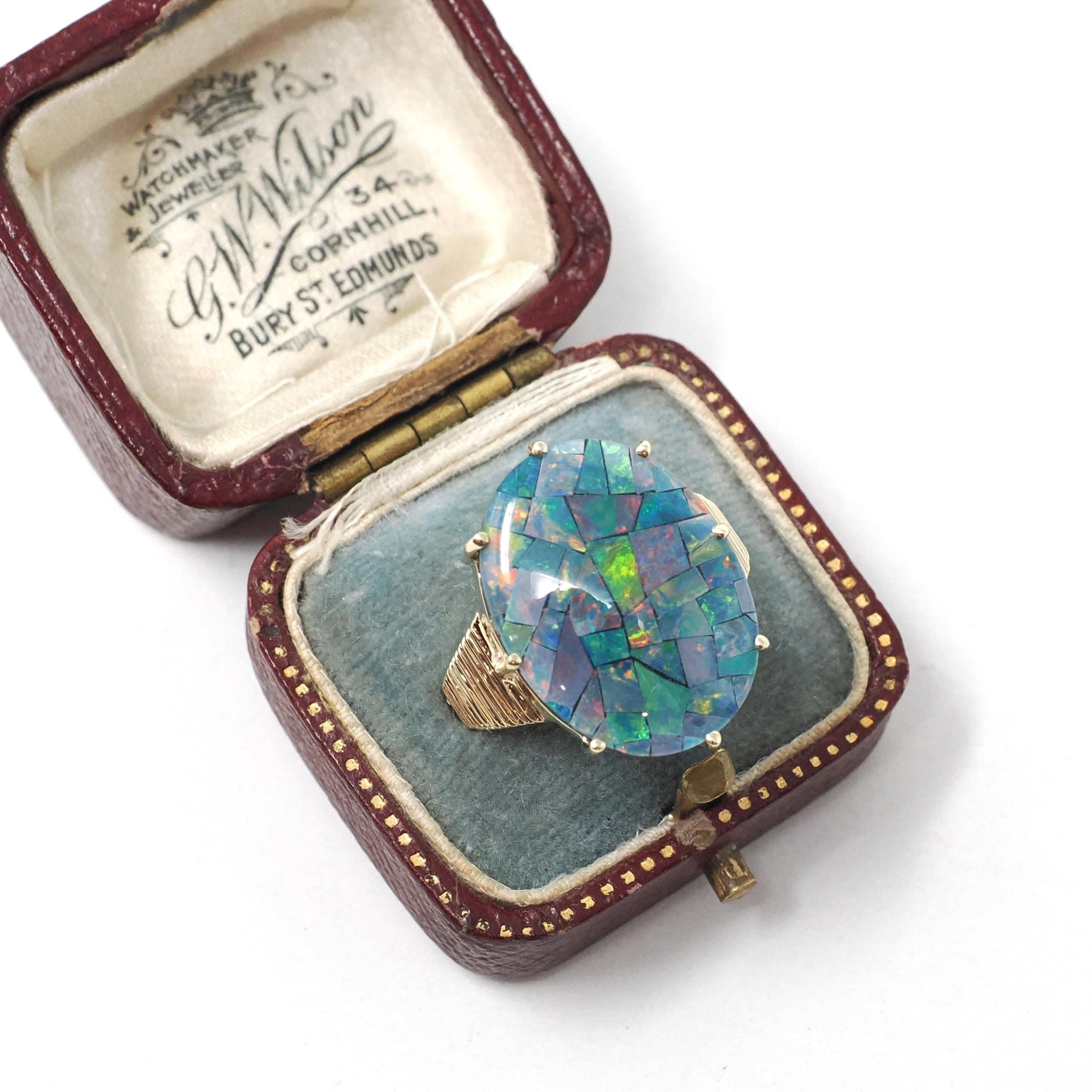 Vintage Opal Triplet Ring - Estate 10k Yellow Gold Oval Prong Set Blue Green Gem Statement - Modern Size 7 3/4 Rainbow Colorful Fine Jewelry