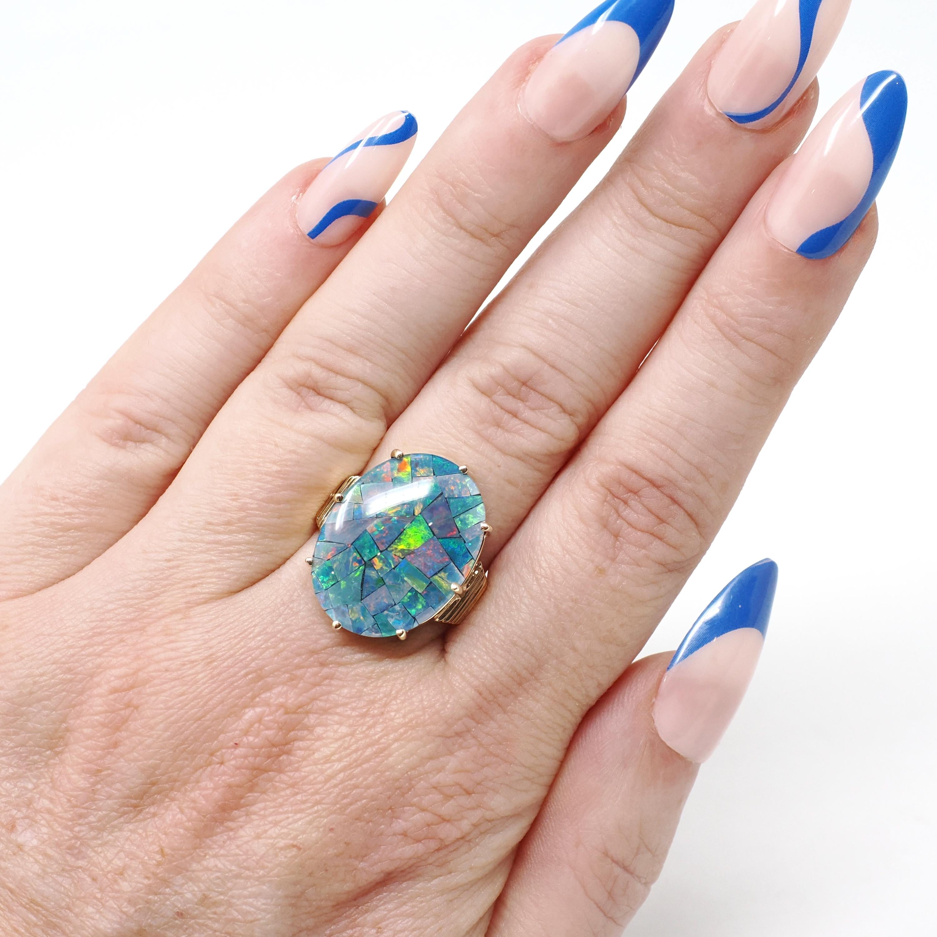 Vintage Opal Triplet Ring - Estate 10k Yellow Gold Oval Prong Set Blue Green Gem Statement - Modern Size 7 3/4 Rainbow Colorful Fine Jewelry