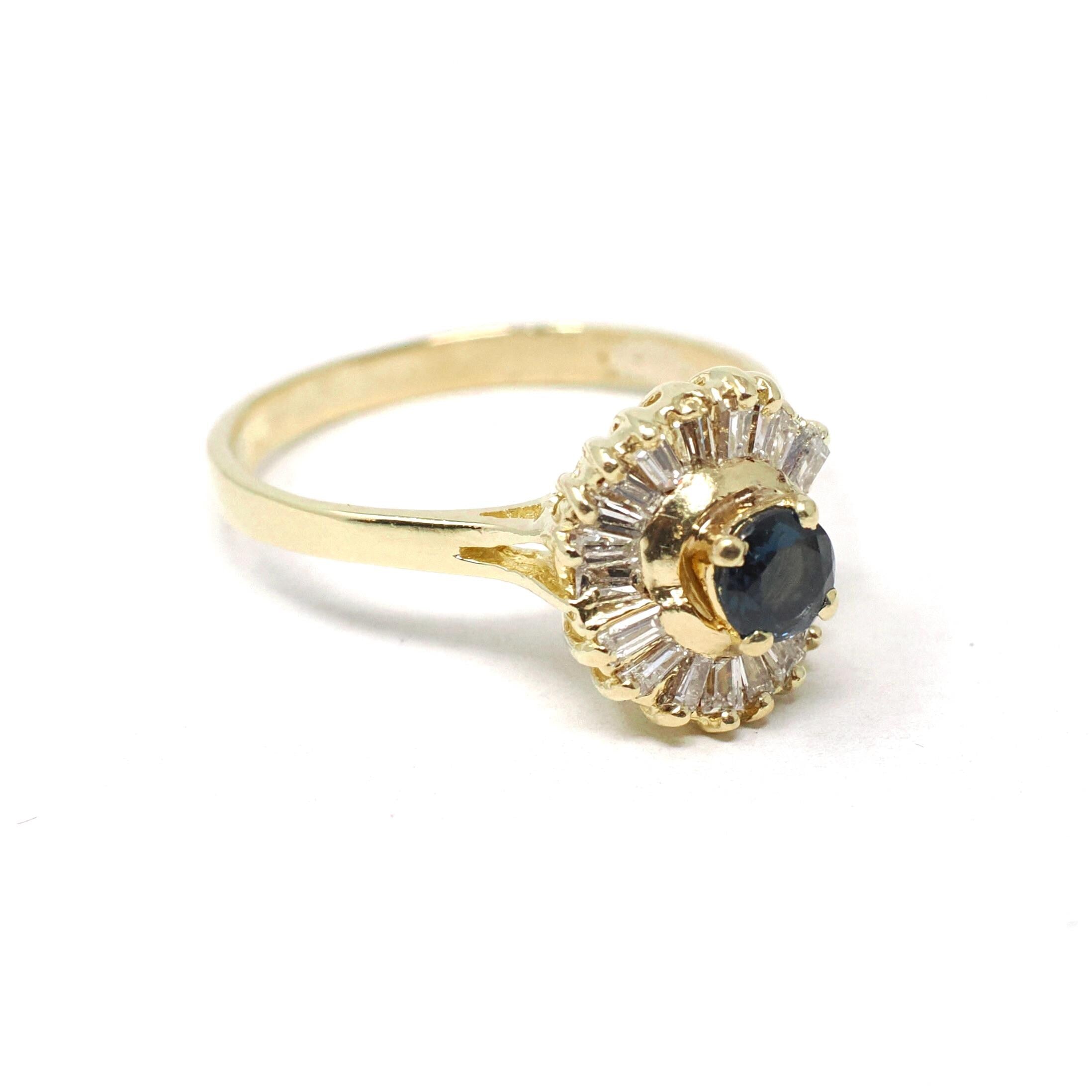 Vintage Ballerina Halo Ring - Estate 18k Yellow Gold Natural Baguette Diamond Blue Sapphire Cluster - Modern 1980s Engagement Fine Jewelry