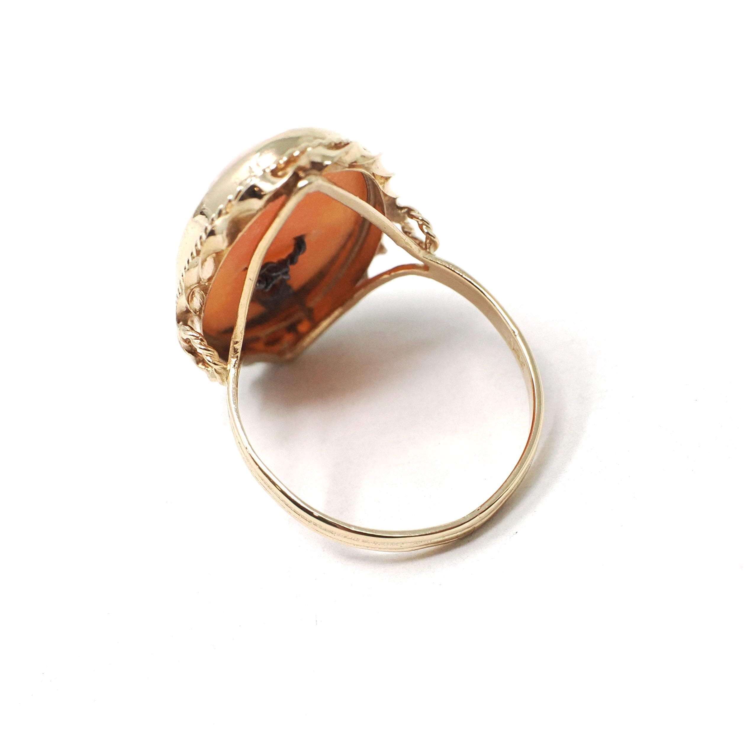 Vintage Cameo Habillé Ring - Mid Century 14k Yellow Gold Natural Diamond - Circa 1960s Era Size 6 Carved Shell Woman's Portrait Fine Jewelry