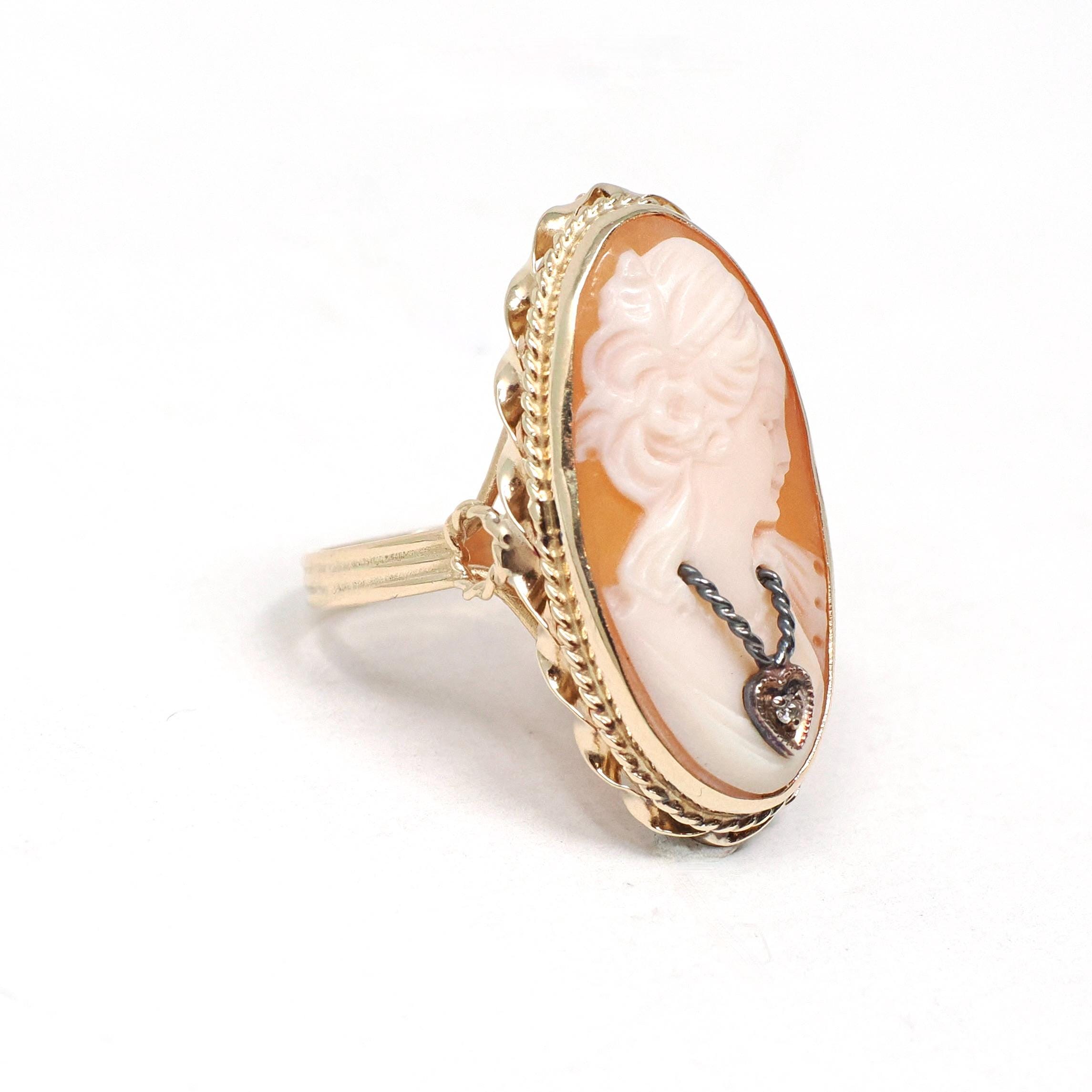 Vintage Cameo Habillé Ring - Mid Century 14k Yellow Gold Natural Diamond - Circa 1960s Era Size 6 Carved Shell Woman's Portrait Fine Jewelry
