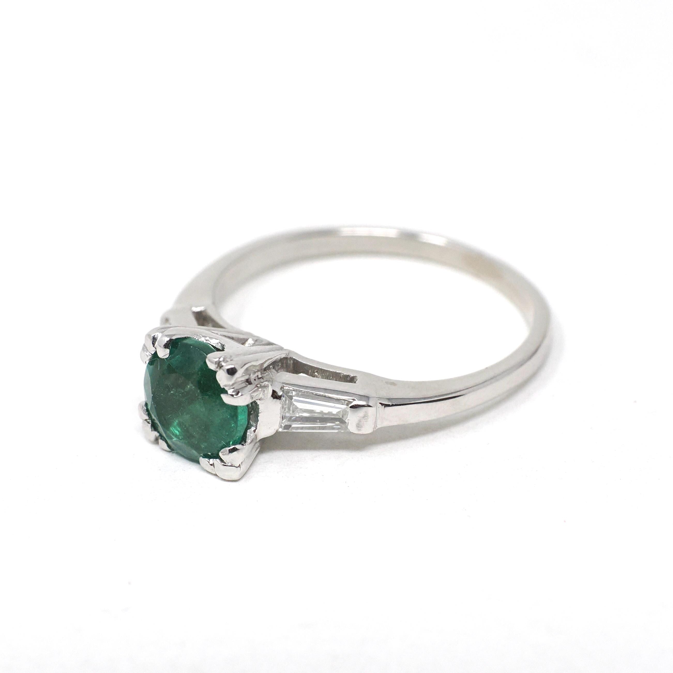 Vintage Emerald & Diamond Ring - Mid Century Platinum Natural Green Gemstone Engagement - Circa 1960s Era Size 7 1/4 Solitaire Fine Jewelry