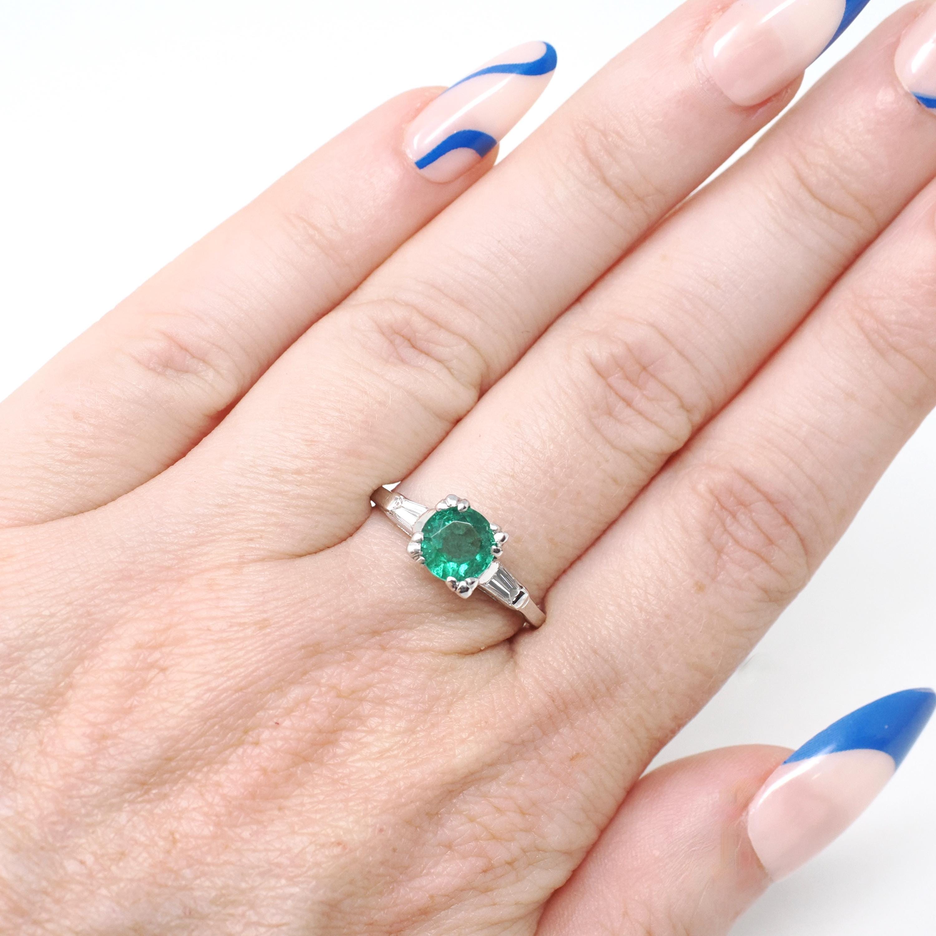 Vintage Emerald & Diamond Ring - Mid Century Platinum Natural Green Gemstone Engagement - Circa 1960s Era Size 7 1/4 Solitaire Fine Jewelry