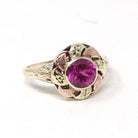 Vintage Created Ruby Ring - Mid Century 10k Yellow Rose Gold Round Target Statement Circa 1940s Size 5 1/2 Two Tone July Birthstone Jewelry