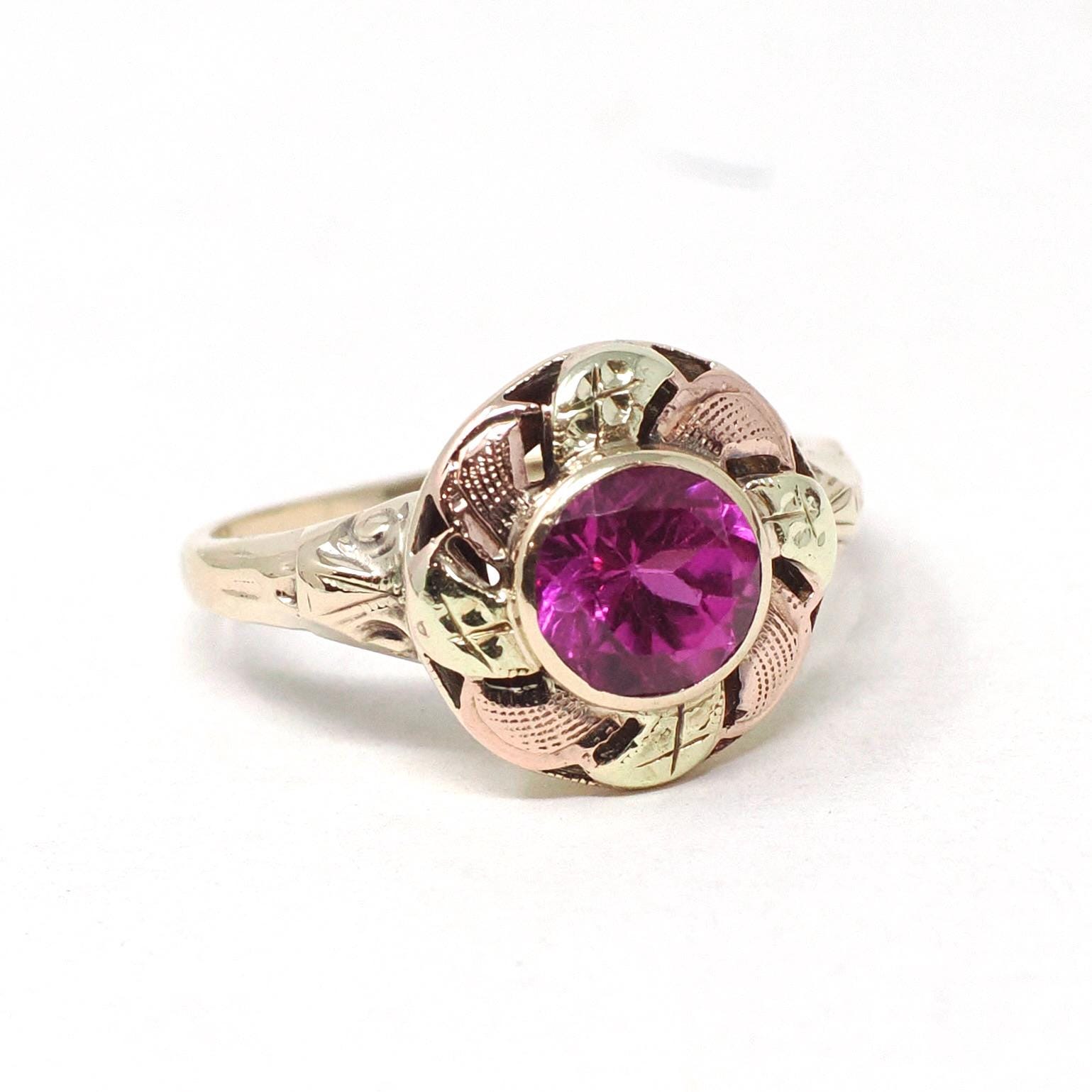 Vintage Created Ruby Ring - Mid Century 10k Yellow Rose Gold Round Target Statement Circa 1940s Size 5 1/2 Two Tone July Birthstone Jewelry