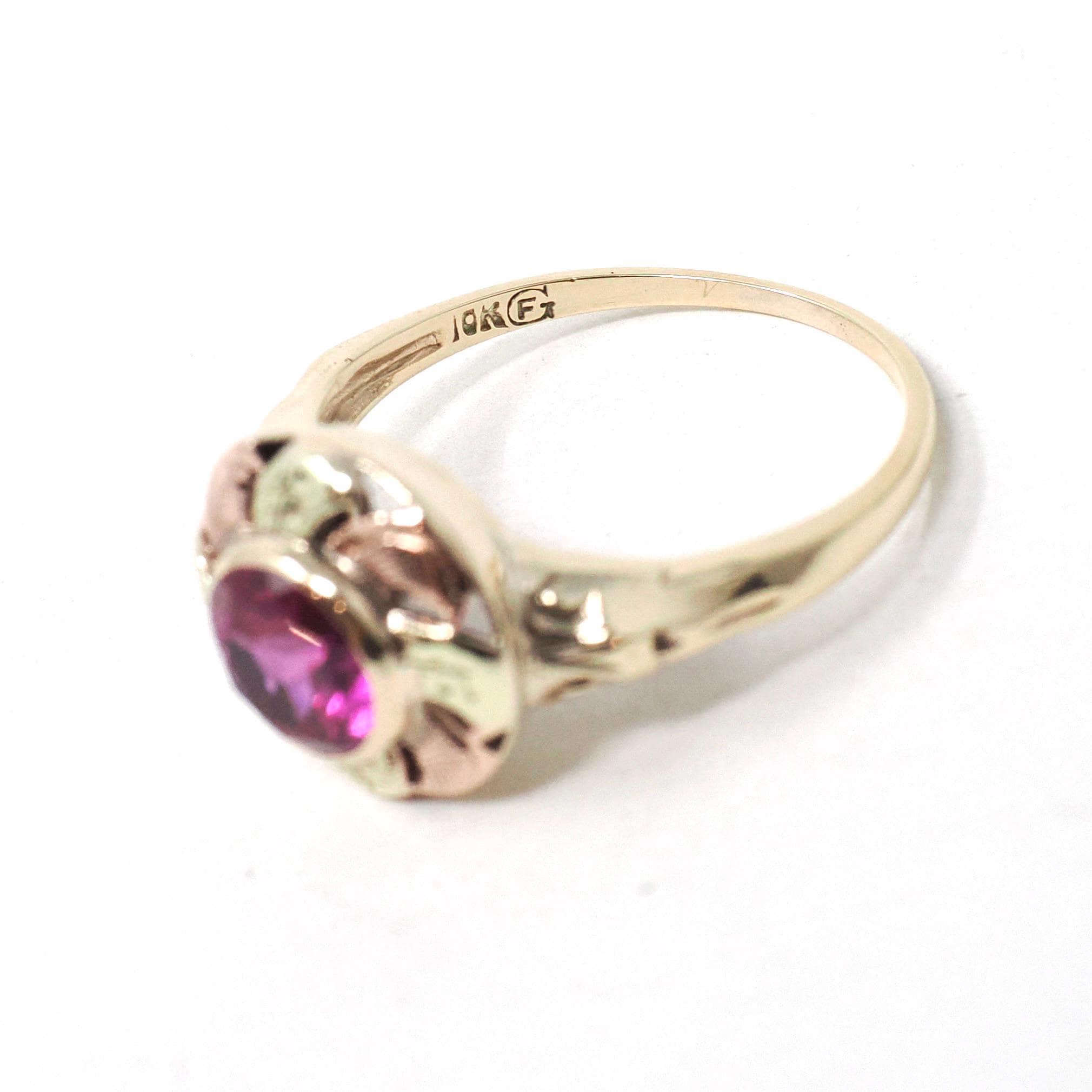 Vintage Created Ruby Ring - Mid Century 10k Yellow Rose Gold Round Target Statement Circa 1940s Size 5 1/2 Two Tone July Birthstone Jewelry