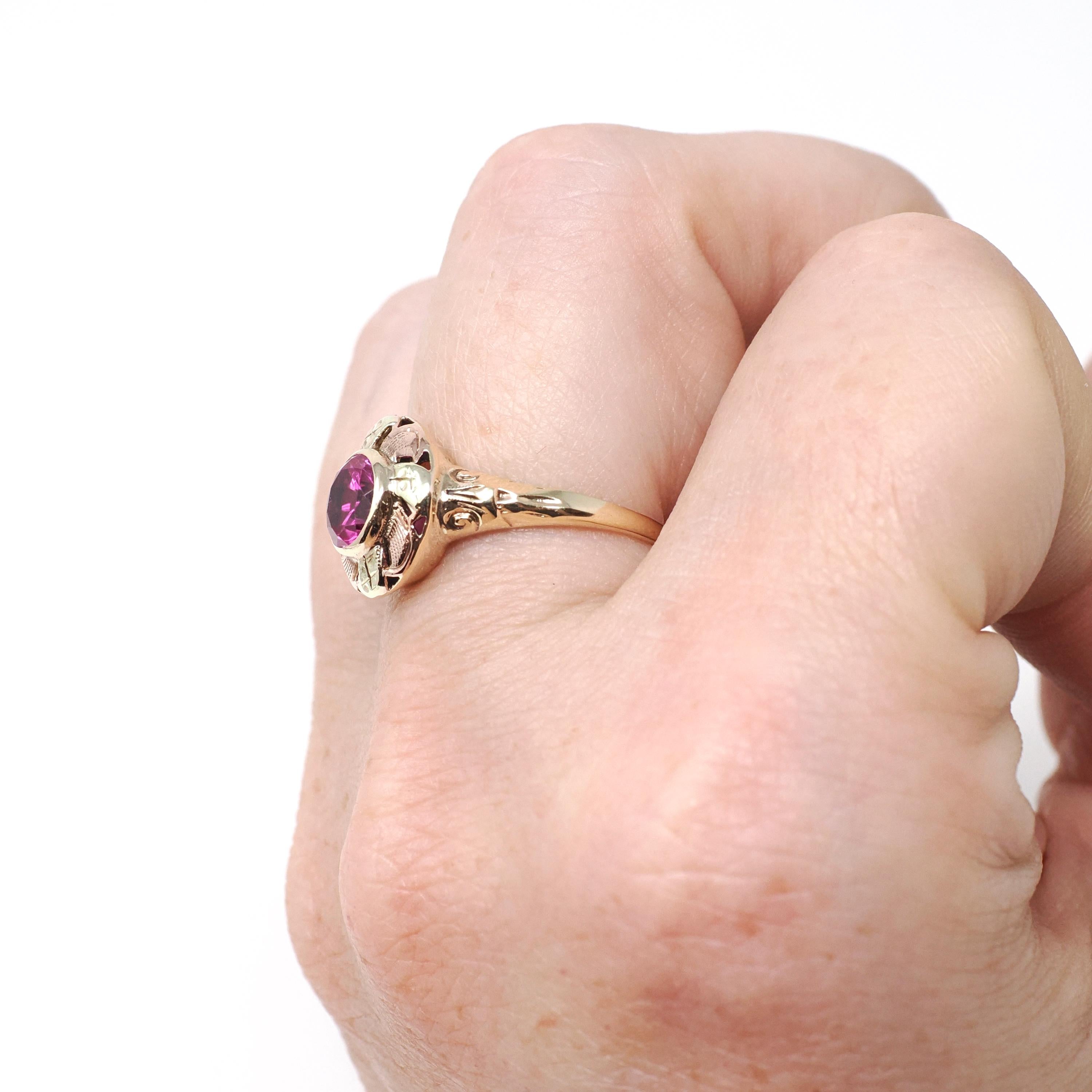 Vintage Created Ruby Ring - Mid Century 10k Yellow Rose Gold Round Target Statement Circa 1940s Size 5 1/2 Two Tone July Birthstone Jewelry