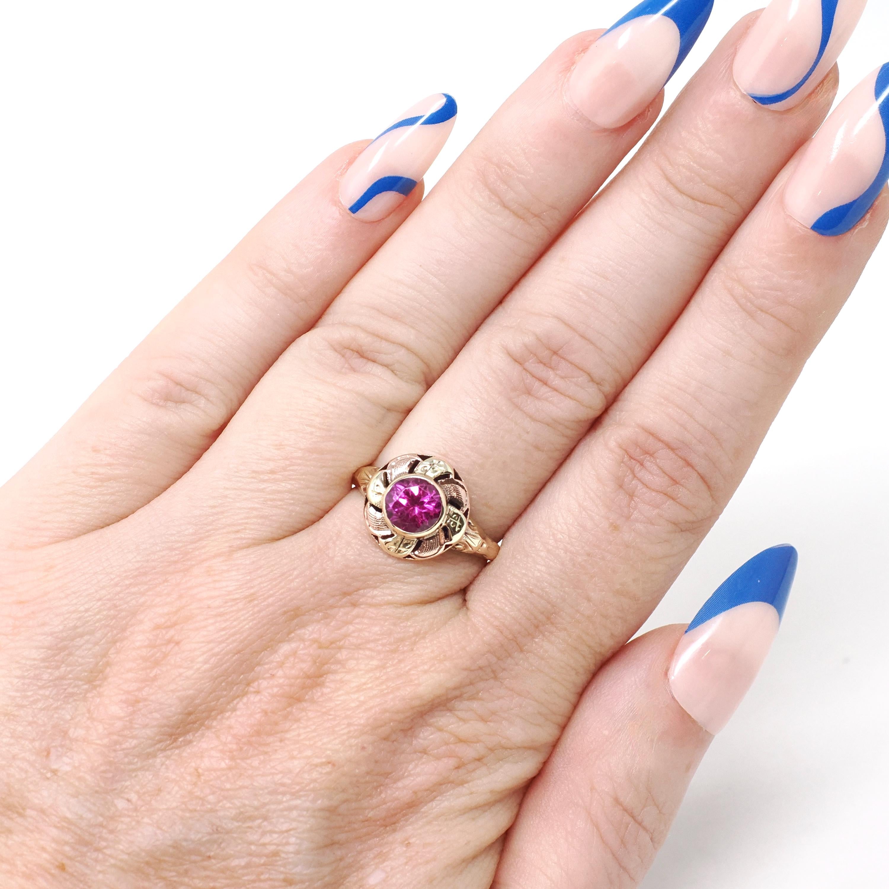 Vintage Created Ruby Ring - Mid Century 10k Yellow Rose Gold Round Target Statement Circa 1940s Size 5 1/2 Two Tone July Birthstone Jewelry