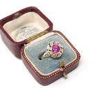 Vintage Created Ruby Ring - Mid Century 10k Yellow Rose Gold Round Target Statement Circa 1940s Size 5 1/2 Two Tone July Birthstone Jewelry