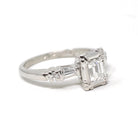Diamond Engagement Ring - Mid Century Era Platinum .47 CT Emerald Cut & Accents - Engraved Valentine's Day 1958 Fine Illusion Bridal Jewelry