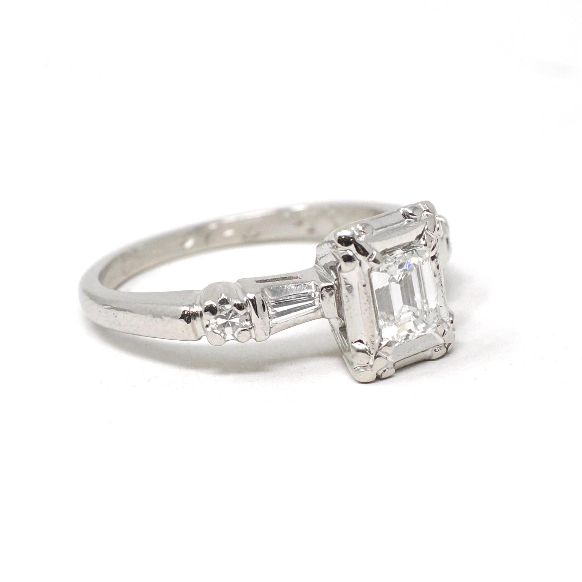 Diamond Engagement Ring - Mid Century Era Platinum .47 CT Emerald Cut & Accents - Engraved Valentine's Day 1958 Fine Illusion Bridal Jewelry