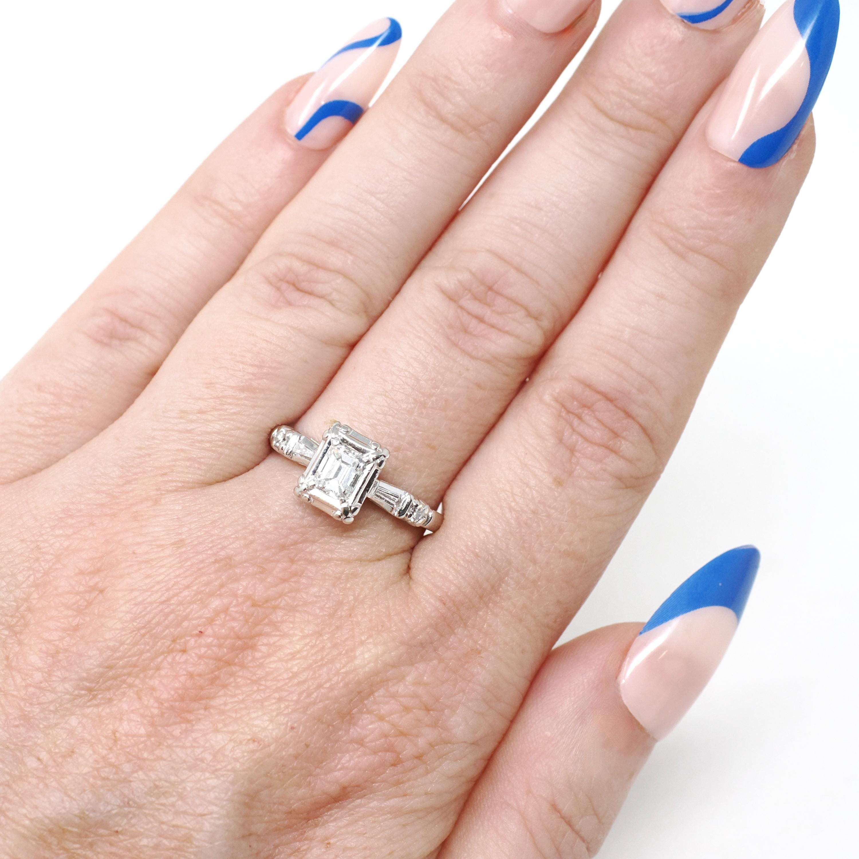 Diamond Engagement Ring - Mid Century Era Platinum .47 CT Emerald Cut & Accents - Engraved Valentine's Day 1958 Fine Illusion Bridal Jewelry