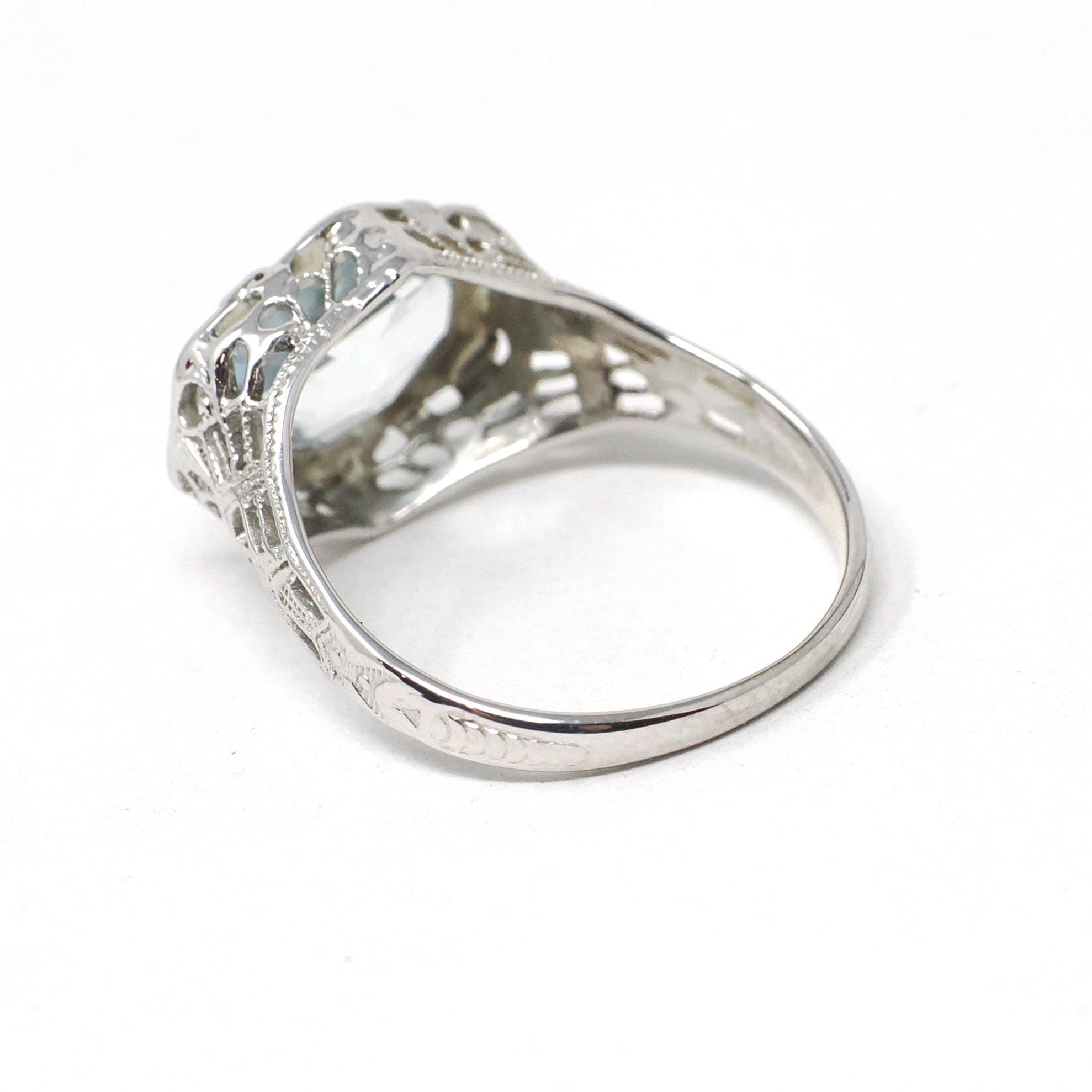Antique Aquamarine Ring - Art Deco Era 18k White Gold Natural Blue Hexagonal Gemstone - Vintage Circa 1920s Size 5 1/2 Filigree Fine Jewelry