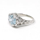 Antique Aquamarine Ring - Art Deco Era 18k White Gold Natural Blue Hexagonal Gemstone - Vintage Circa 1920s Size 5 1/2 Filigree Fine Jewelry