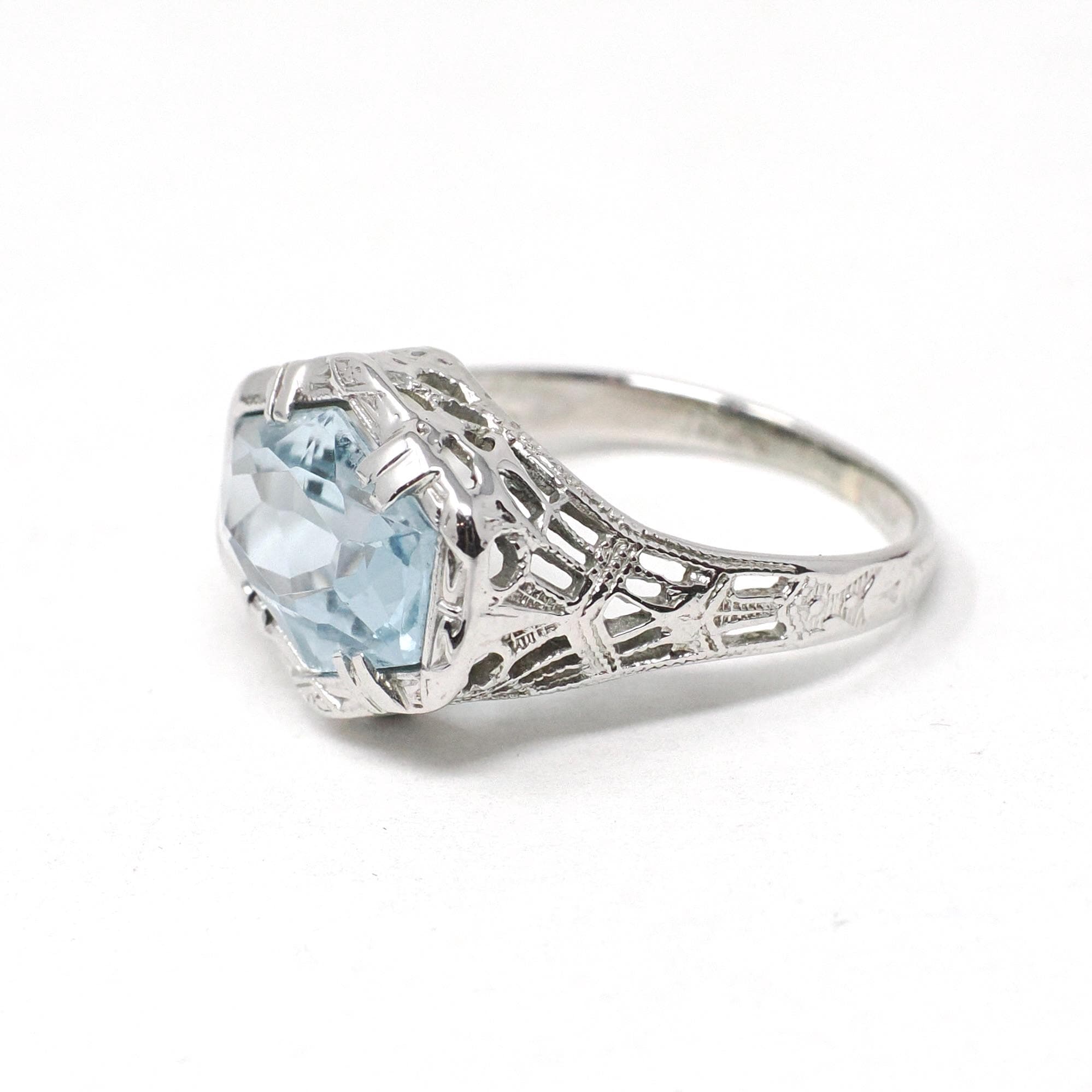 Antique Aquamarine Ring - Art Deco Era 18k White Gold Natural Blue Hexagonal Gemstone - Vintage Circa 1920s Size 5 1/2 Filigree Fine Jewelry