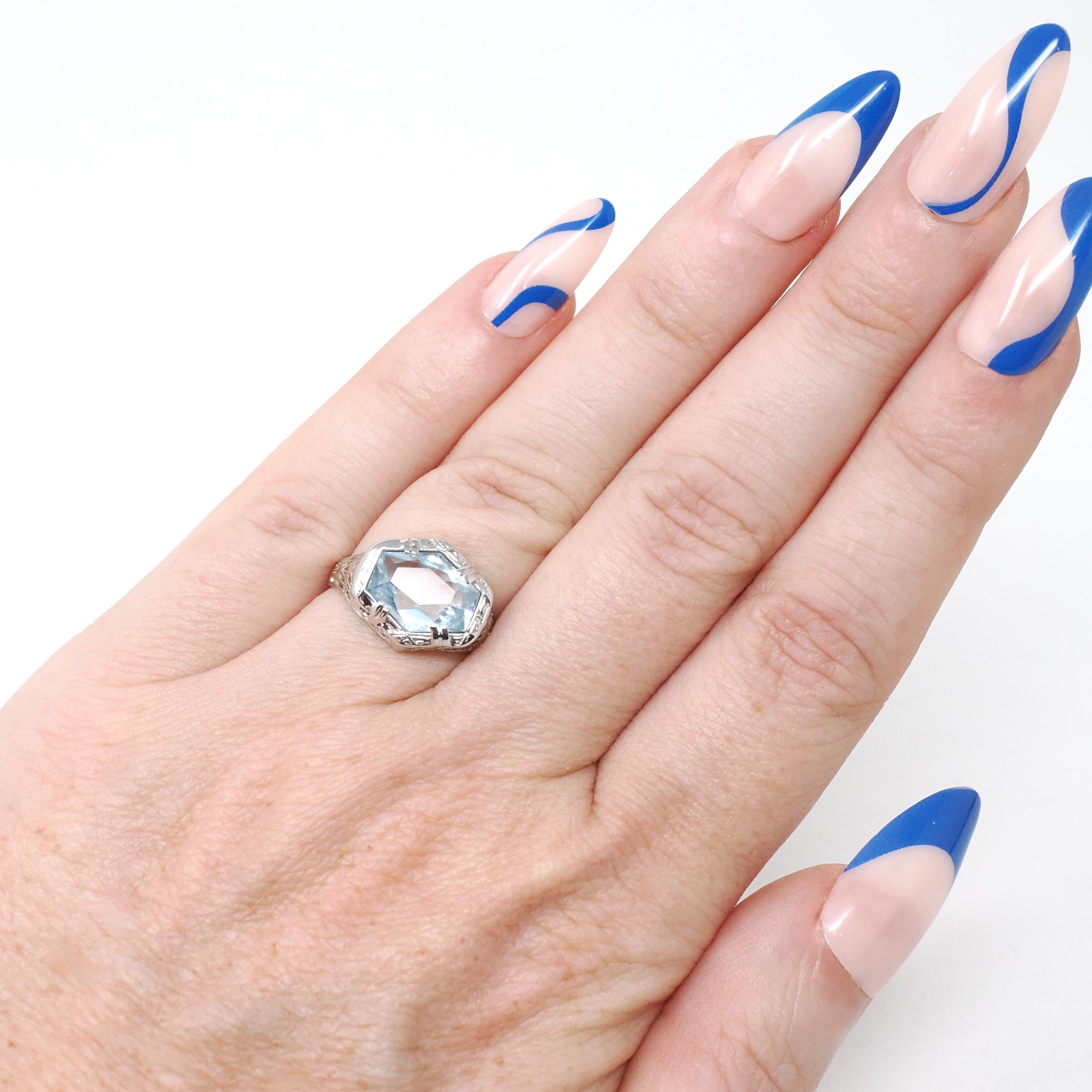 Antique Aquamarine Ring - Art Deco Era 18k White Gold Natural Blue Hexagonal Gemstone - Vintage Circa 1920s Size 5 1/2 Filigree Fine Jewelry