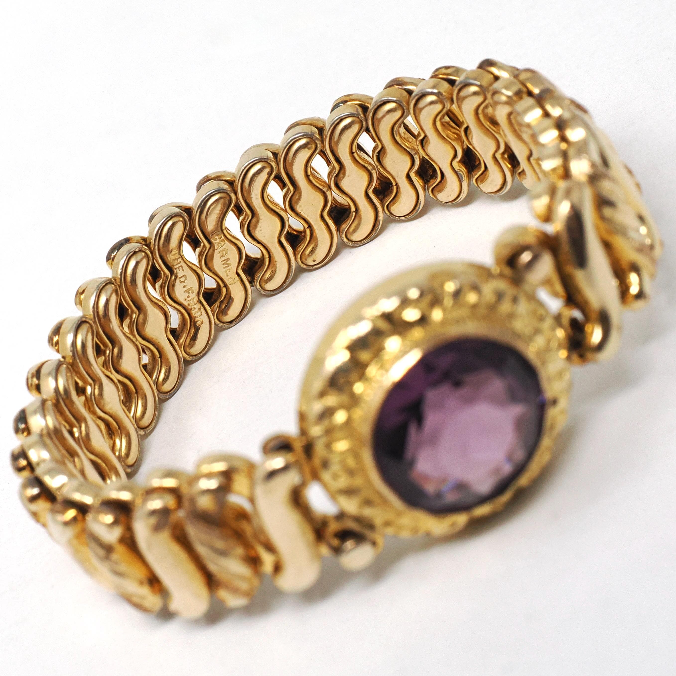 Vintage Expansion Bracelet - Mid Century Gold Filled Simulated Amethyst Purple Glass Stretch Link - Vintage 1940s Signed Carmen Fine Jewelry