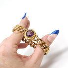 Vintage Expansion Bracelet - Mid Century Gold Filled Simulated Amethyst Purple Glass Stretch Link - Vintage 1940s Signed Carmen Fine Jewelry