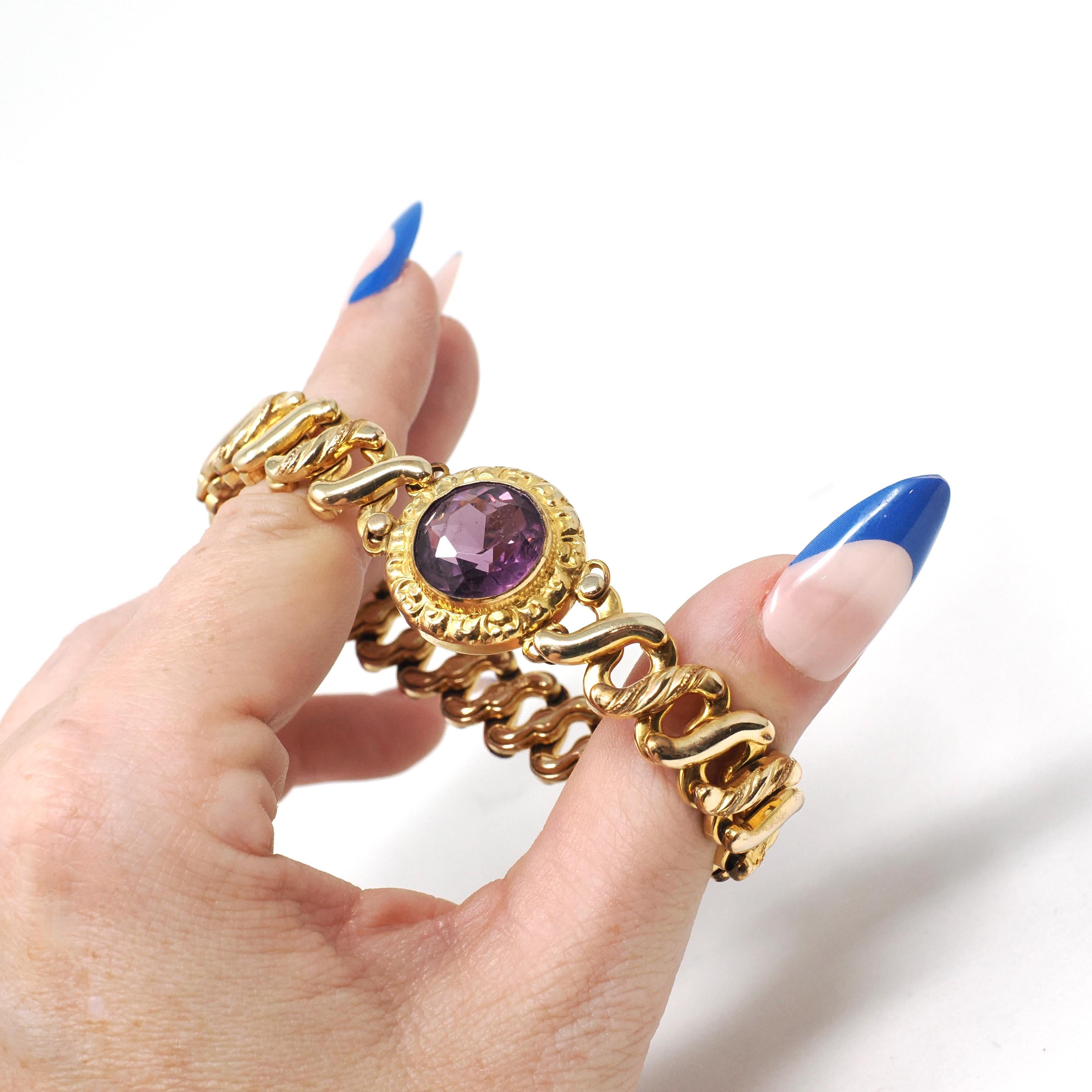 Vintage Expansion Bracelet - Mid Century Gold Filled Simulated Amethyst Purple Glass Stretch Link - Vintage 1940s Signed Carmen Fine Jewelry