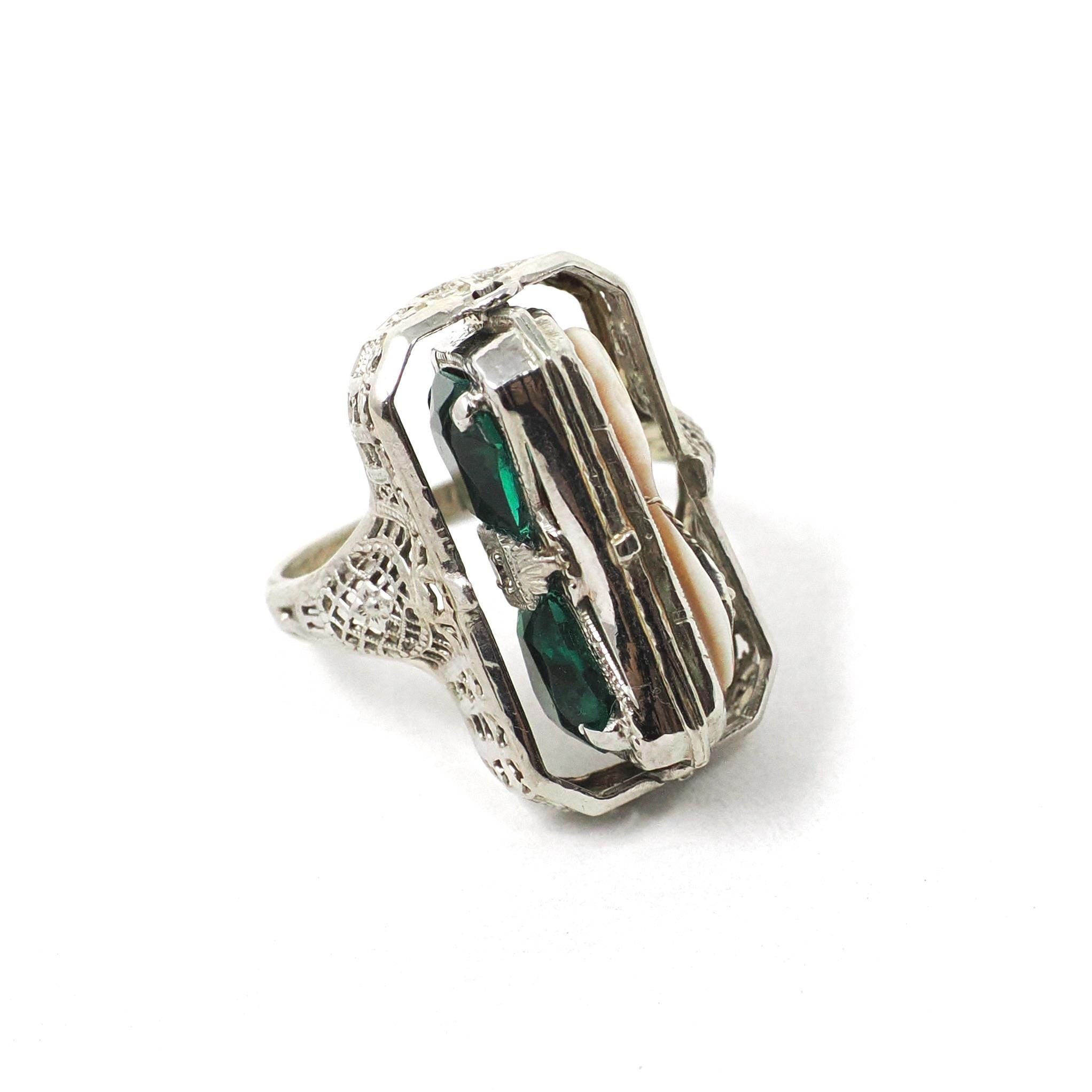 Vintage Flip Ring - Art Deco 14k White Gold Double Sided Cameo Diamond Green Glass Statement - Circa 1930 Size 6 1/4 Reversible Fine Jewelry