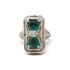 Vintage Flip Ring - Art Deco 14k White Gold Double Sided Cameo Diamond Green Glass Statement - Circa 1930 Size 6 1/4 Reversible Fine Jewelry