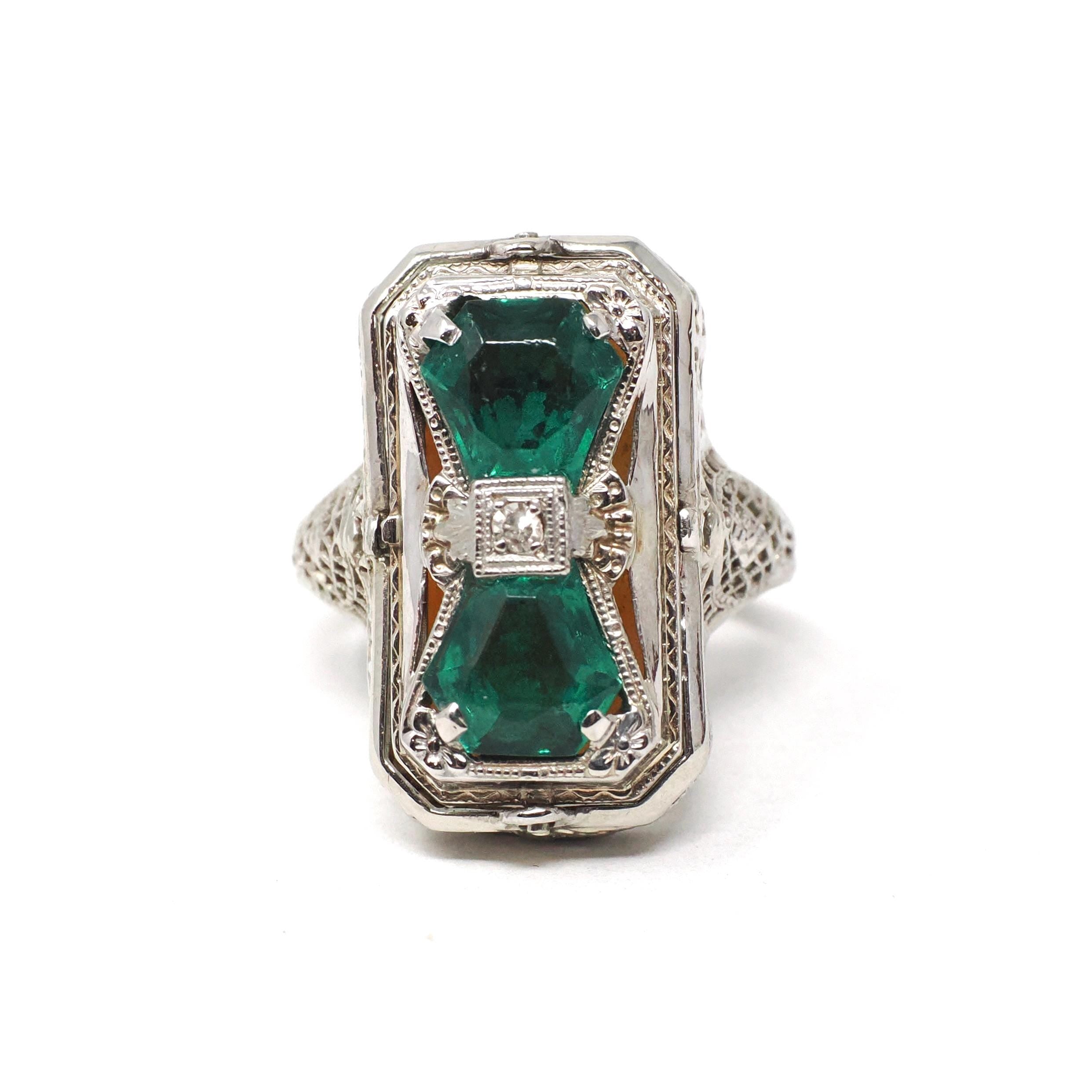 Vintage Flip Ring - Art Deco 14k White Gold Double Sided Cameo Diamond Green Glass Statement - Circa 1930 Size 6 1/4 Reversible Fine Jewelry