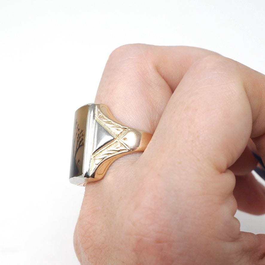 Vintage Chalcedony Ring - Mid Century Era 10k Yellow 14k White Gold Unisex Gemstone Signet - Circa 1940s Size 9 Two Tone Tree Fine Jewelry