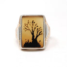 Vintage Chalcedony Ring - Mid Century Era 10k Yellow 14k White Gold Unisex Gemstone Signet - Circa 1940s Size 9 Two Tone Tree Fine Jewelry