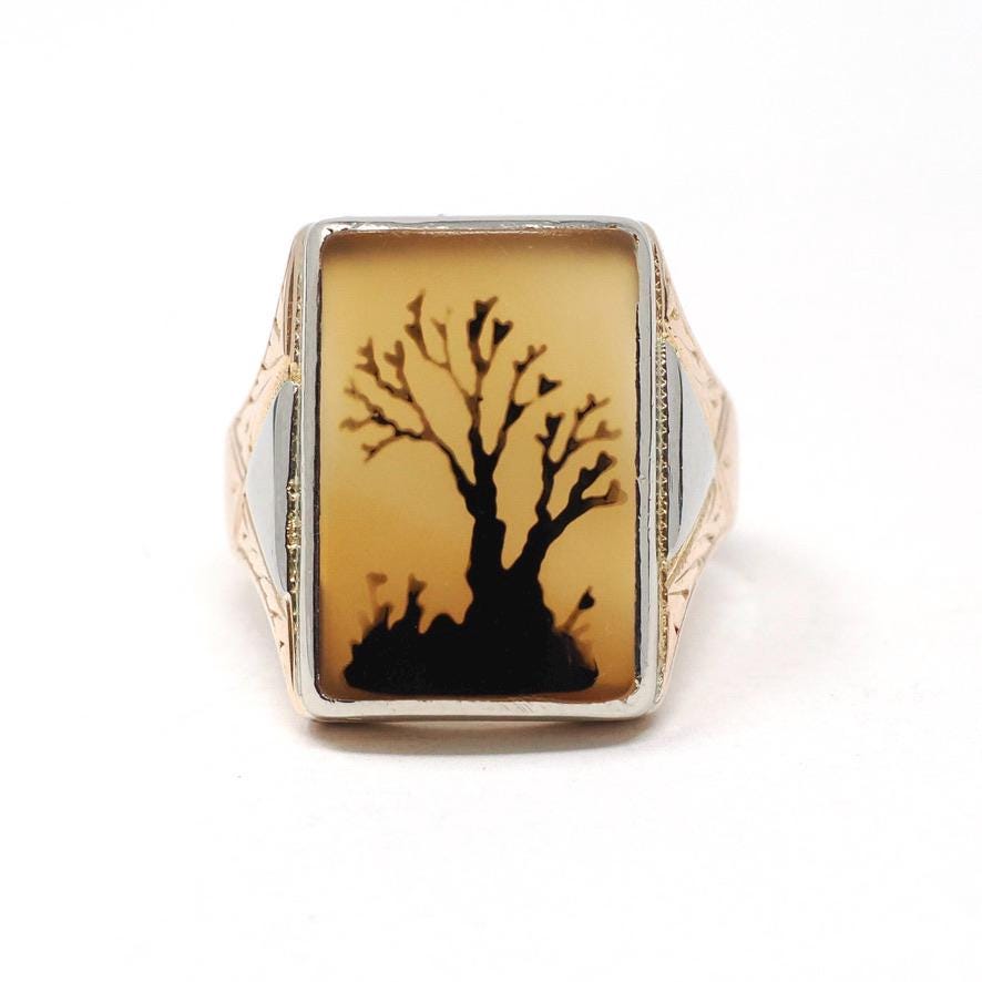 Vintage Chalcedony Ring - Mid Century Era 10k Yellow 14k White Gold Unisex Gemstone Signet - Circa 1940s Size 9 Two Tone Tree Fine Jewelry