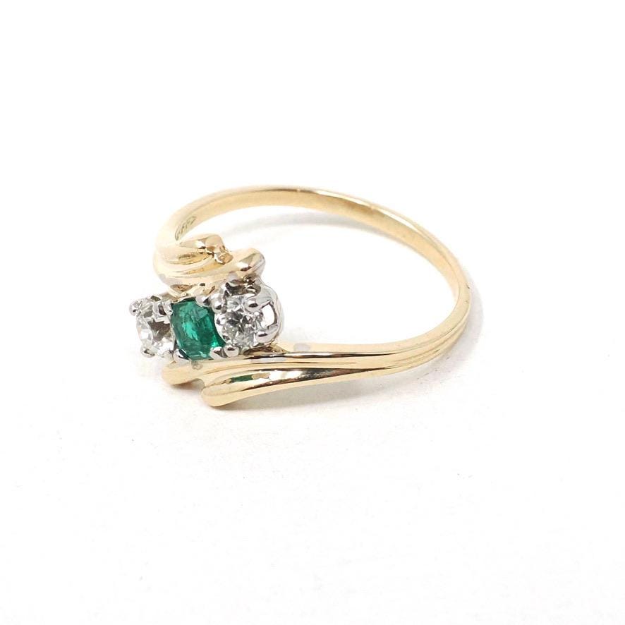 Vintage Bypass Ring - Mid Century 14k Yellow & White Gold Natural Emerald .42 CTW Diamonds - Circa 1950s Size 9 May Birthstone Fine Jewelry