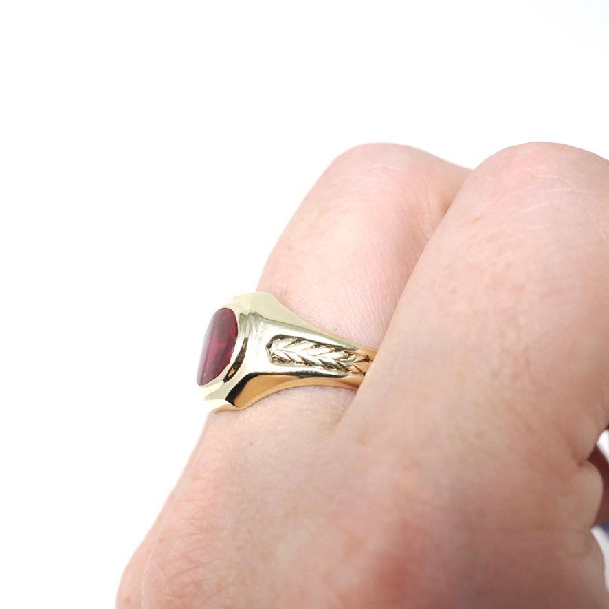 Art Deco Ring - Vintage 10k Yellow Gold Bezel Set Created Red Ruby Gemstone - Circa 1930s Size 10 July Birthstone Fine Statement Jewelry