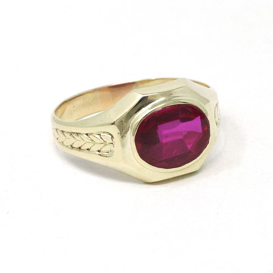 Art Deco Ring - Vintage 10k Yellow Gold Bezel Set Created Red Ruby Gemstone - Circa 1930s Size 10 July Birthstone Fine Statement Jewelry