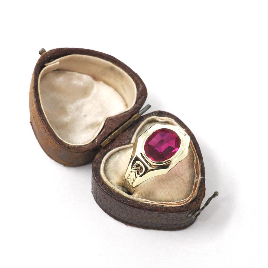 Art Deco Ring - Vintage 10k Yellow Gold Bezel Set Created Red Ruby Gemstone - Circa 1930s Size 10 July Birthstone Fine Statement Jewelry