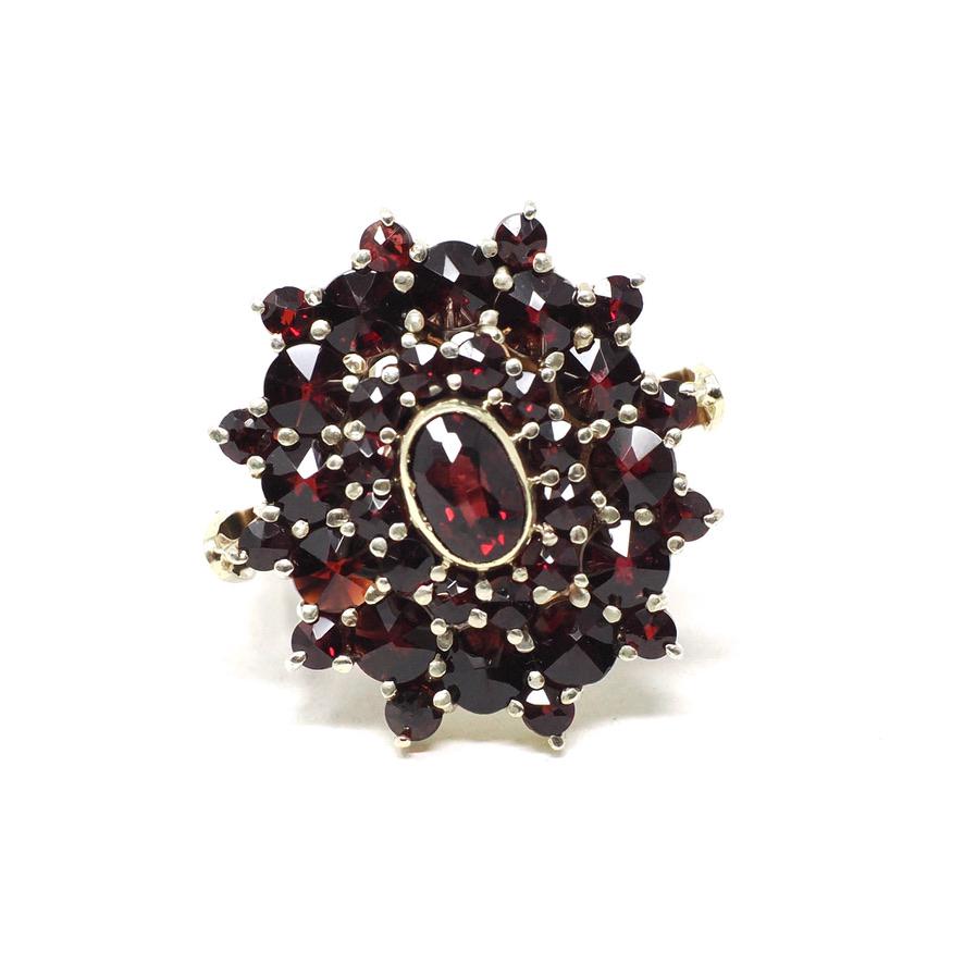Vintage Garnet Ring - Mid Century 14k Yellow Gold & Silver Natural Dark Red Gemstone Cluster Statement - Circa 1940s Era Size 6 Fine Jewelry