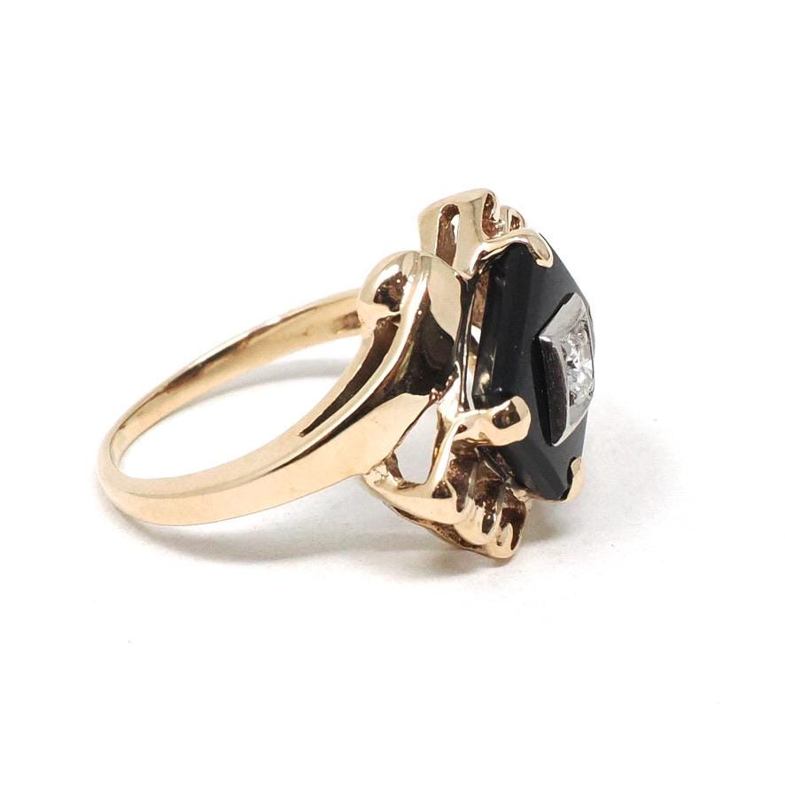 Vintage Onyx Ring - Retro 10k Yellow Gold Natural Black Chalcedony & .10 CT Diamond Bypass - Circa 1960s Era Size 5.5 Statement Fine Jewelry