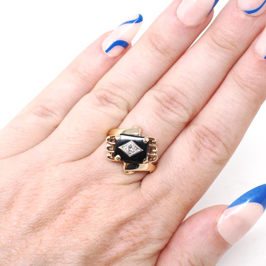 Vintage Onyx Ring - Retro 10k Yellow Gold Natural Black Chalcedony & .10 CT Diamond Bypass - Circa 1960s Era Size 5.5 Statement Fine Jewelry