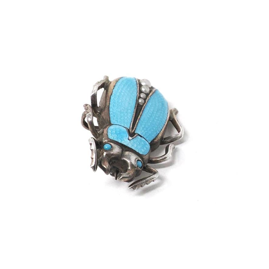 Antique Beetle Brooch - Art Deco Era Sterling Silver Turquoise Blue Guilloche Enamel Bug Pin - Circa 1920s Egyptian Revival Fashion Jewelry