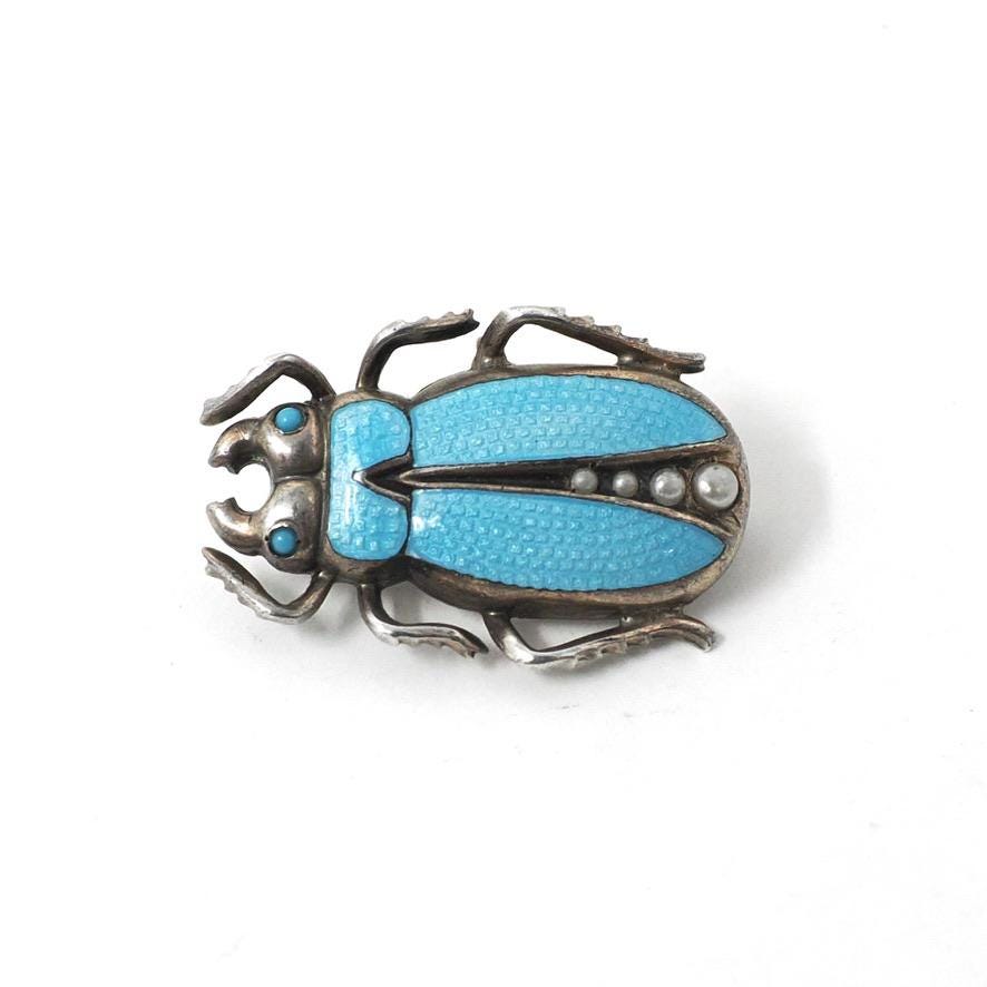Antique Beetle Brooch - Art Deco Era Sterling Silver Turquoise Blue Guilloche Enamel Bug Pin - Circa 1920s Egyptian Revival Fashion Jewelry