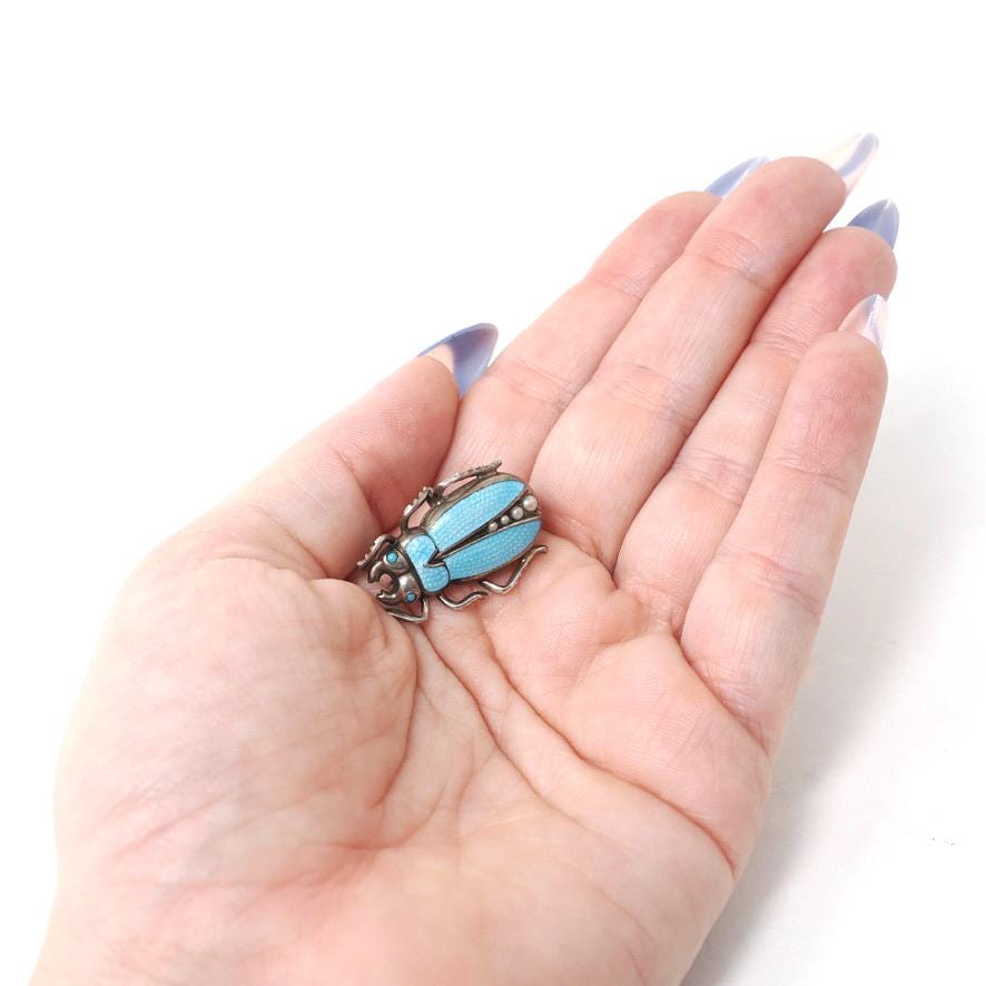Antique Beetle Brooch - Art Deco Era Sterling Silver Turquoise Blue Guilloche Enamel Bug Pin - Circa 1920s Egyptian Revival Fashion Jewelry