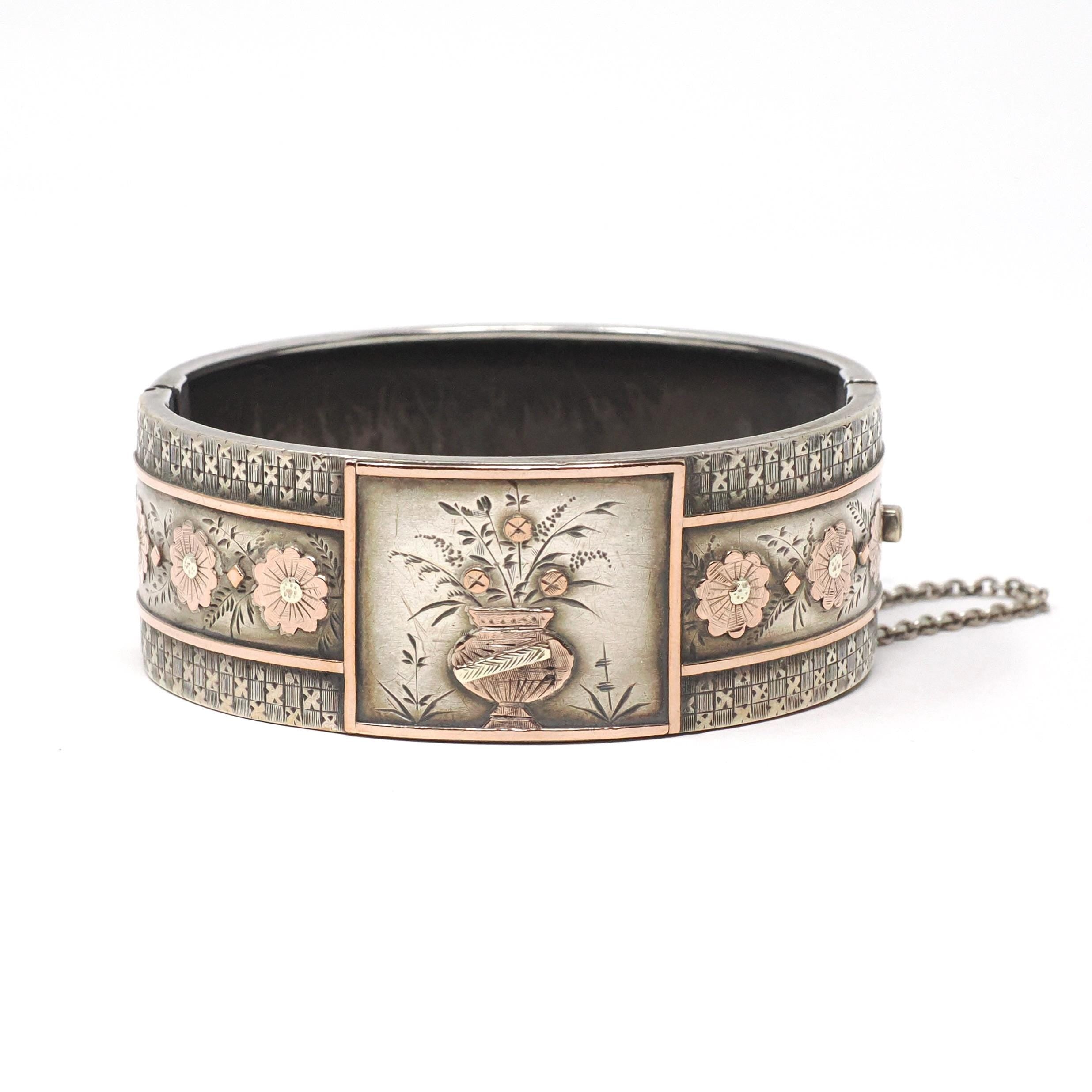 Antique Floral Bangle - Victorian Era Sterling Silver Flower Urn Design Bracelet - Circa 1890s Rose & Yellow Gold Accented Fashion Jewelry